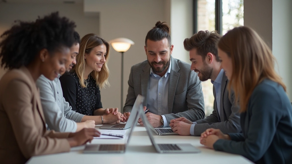 Team van professionals die samenwerken aan merkstrategie in modern kantoor