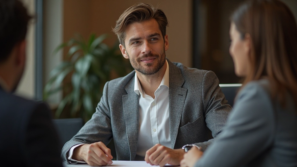 Professionele foto van realistische man in zijn vroege dertig, volledig gekleed in grijs blazer en wit overhemd, zittend aan een vergadertafel, luisterend naar collega's, warm kantoorlicht, vervagde achtergrond, GEEN tekst, GEEN watermerken