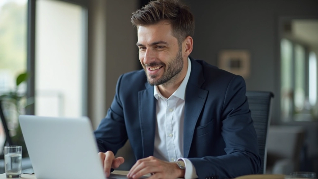 Professionele man in zakelijk attire werkend aan laptop op kantoor met moderne omgeving