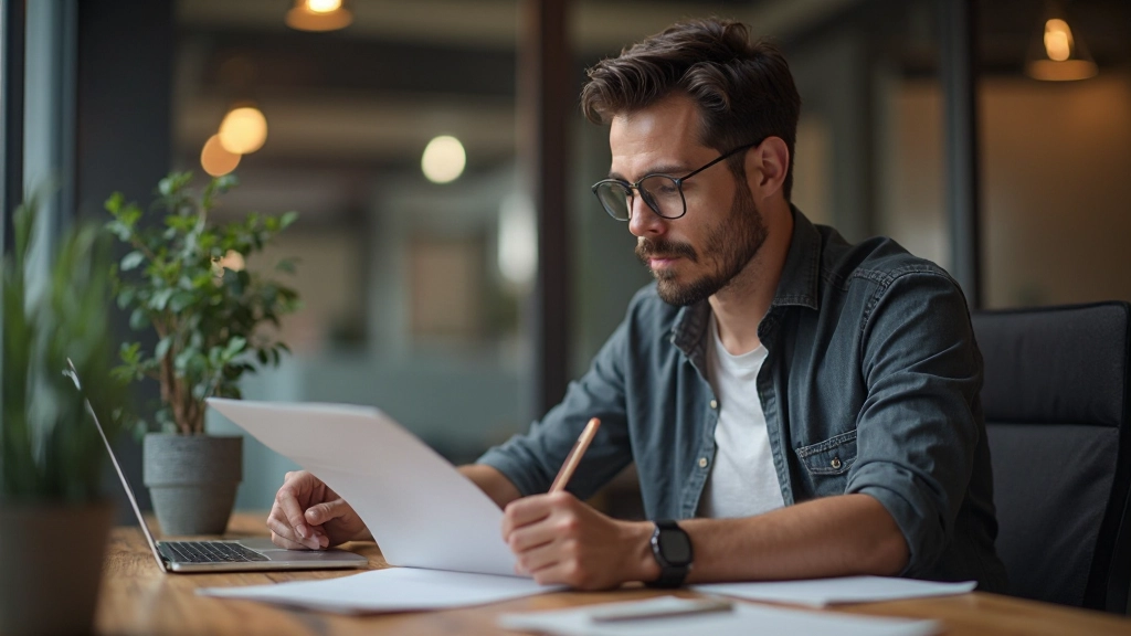 Persoon die een strategisch merkplan uitwerkt met notities en diagrammen op een bureau