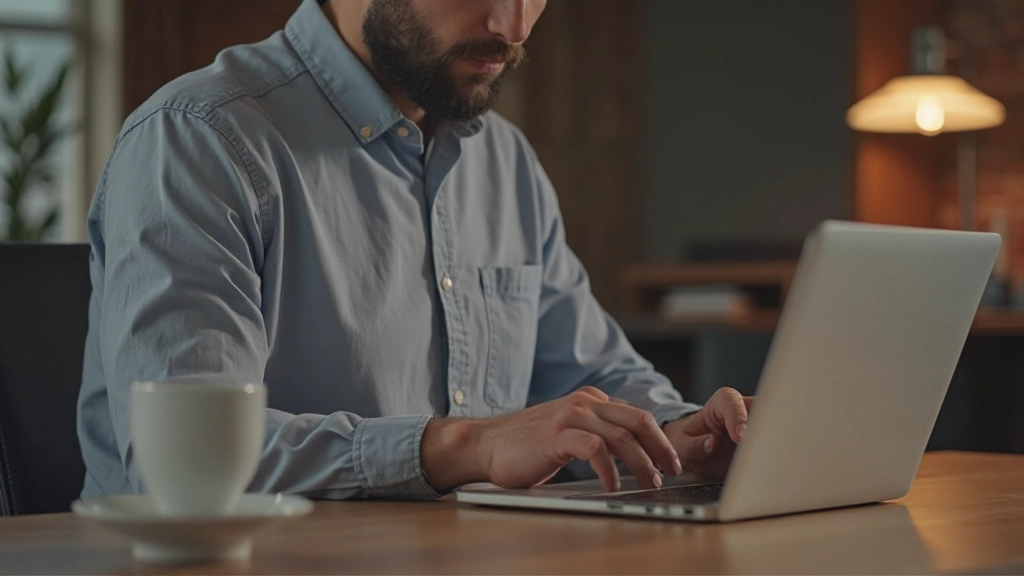 Schrijver werkt aan inhoud op een laptopscherm met kopje koffie op het bureau