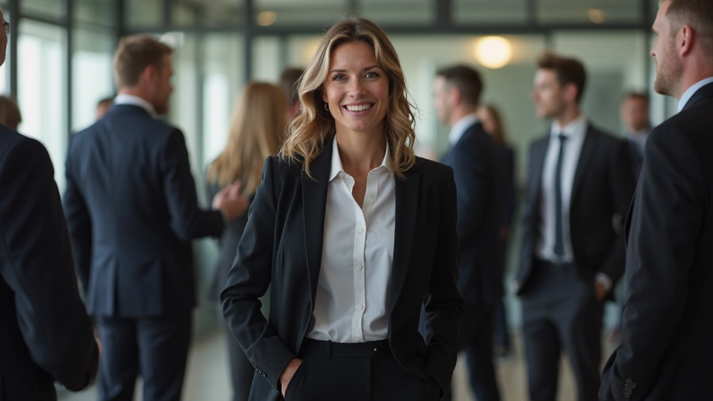 Vrouw die zelfbewust een networking event bezoekt met professionele uitstraling