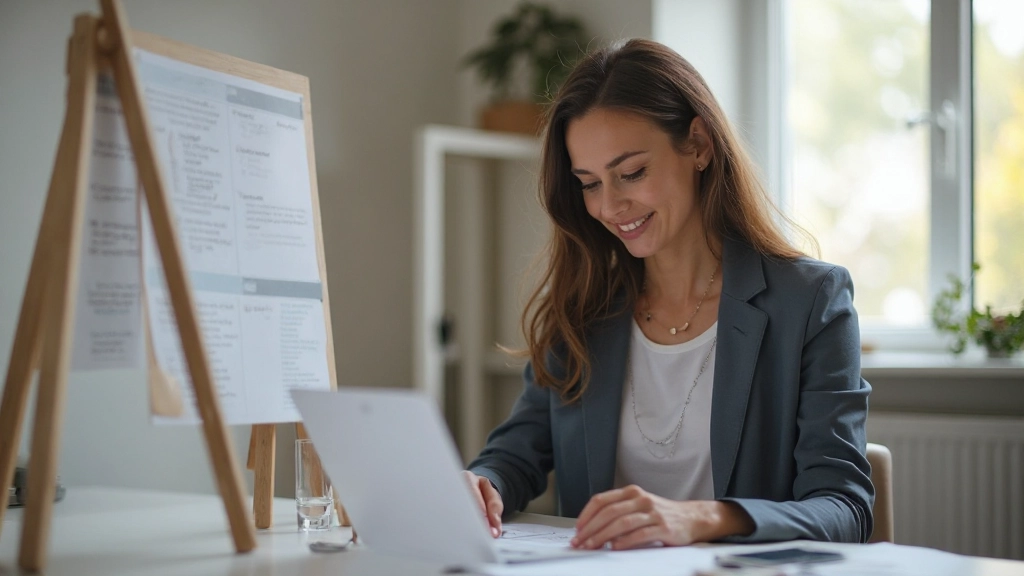 Professionele vrouw die aan haar merkstrategie werkt met inspiratiekaarten