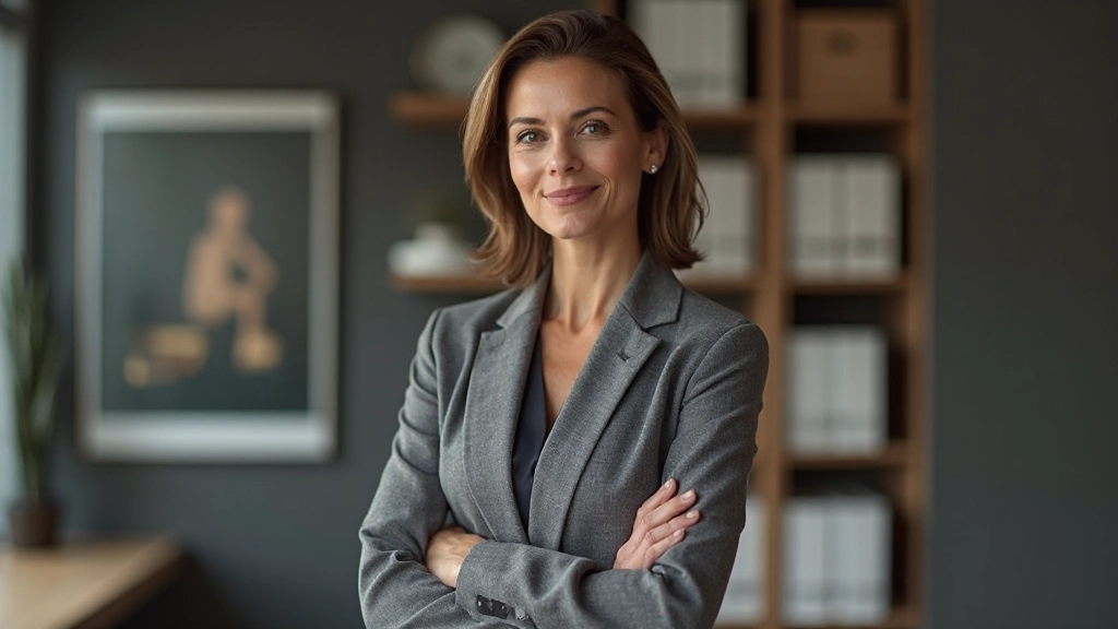 Vrouwelijke professional in grijs pak met vertrouwen posture in kantoor omgeving met boekenrek op achtergrond