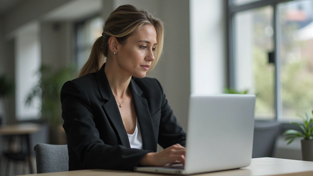 Professionele foto van realistische vrouw in haar vroege veertig, volledig gekleed in elegante zwarte blazer, werkend aan laptop in modern kantoor, gefocuste uitdrukking, natuurlijk daglicht, vervagde achtergrond, GEEN tekst, GEEN watermerken